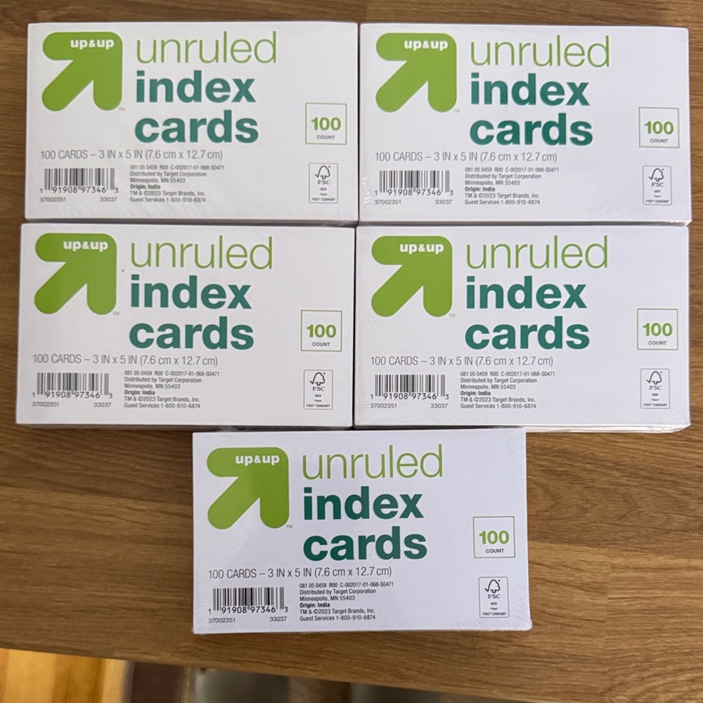 5 Packs of Up & Up 3” x 5” unruled Index card